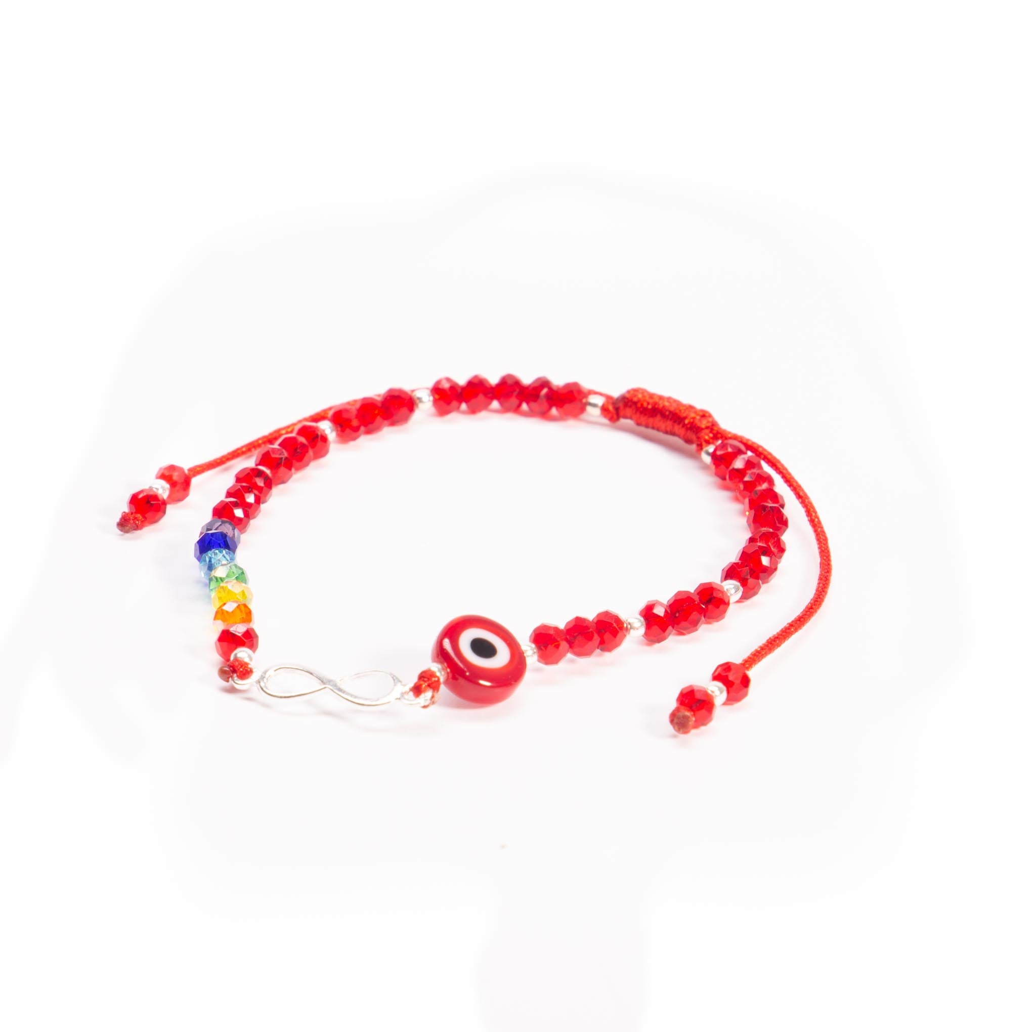 Pulsera de hilo con infinito de plata, cristalitos y ojo turco