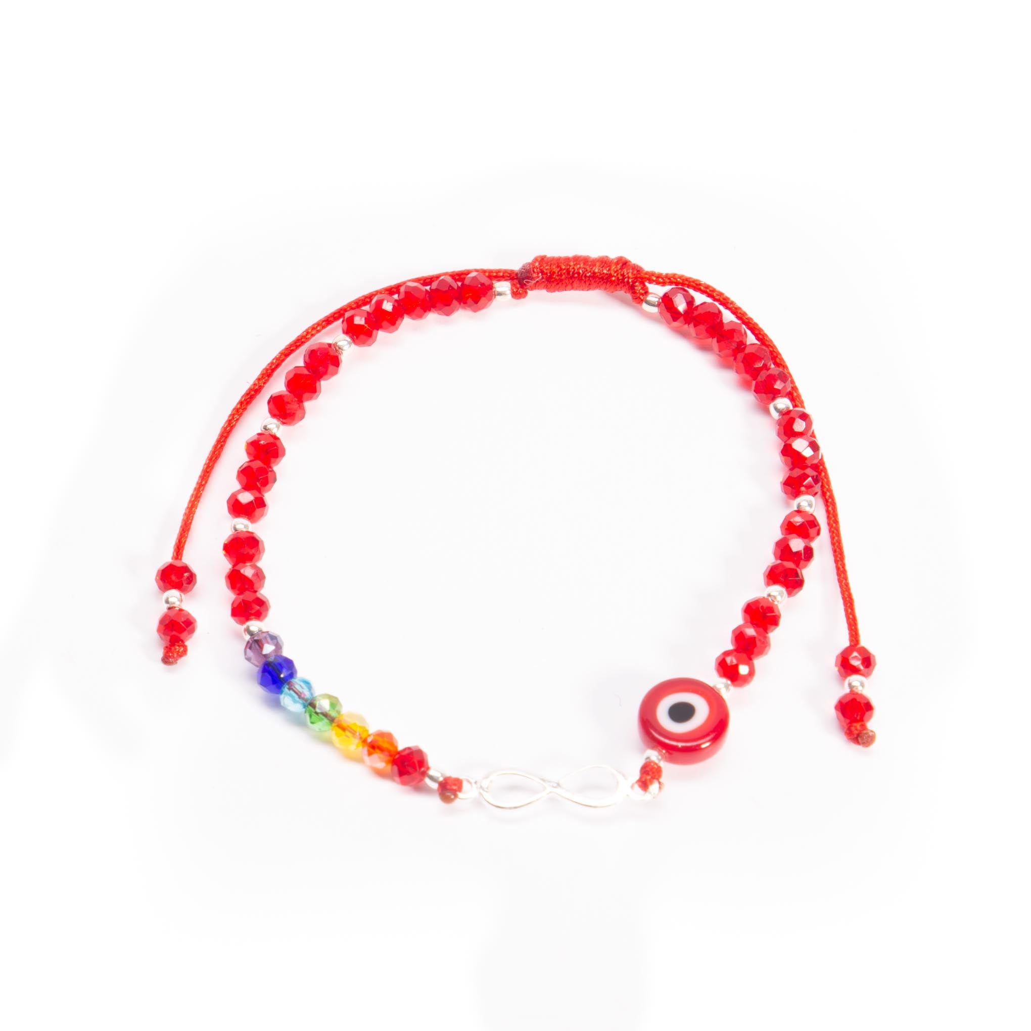 Pulsera de hilo con infinito de plata, cristalitos y ojo turco