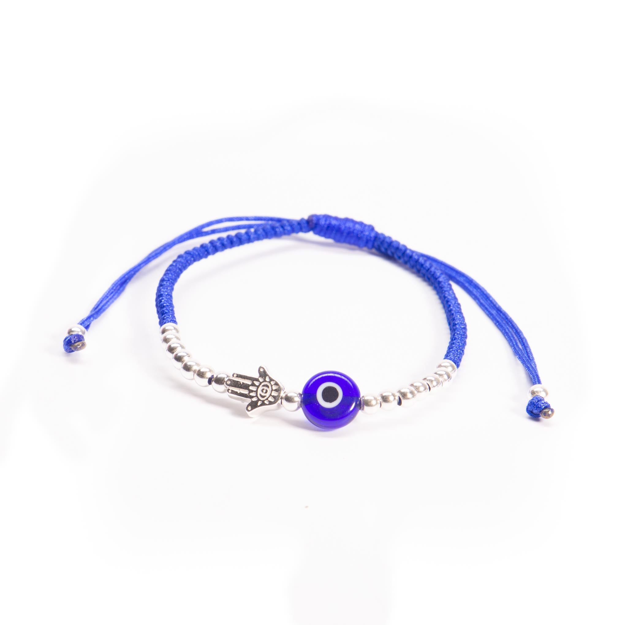Pulsera de hilo con mano de fatima de plata y ojo turco