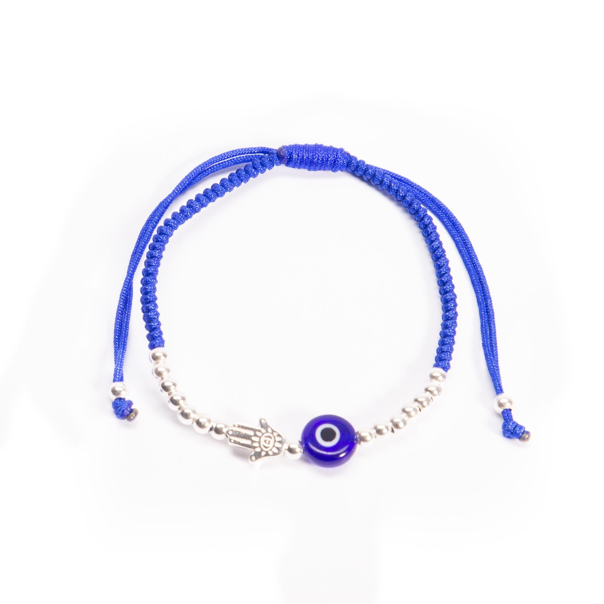 Pulsera de hilo con mano de fatima de plata y ojo turco