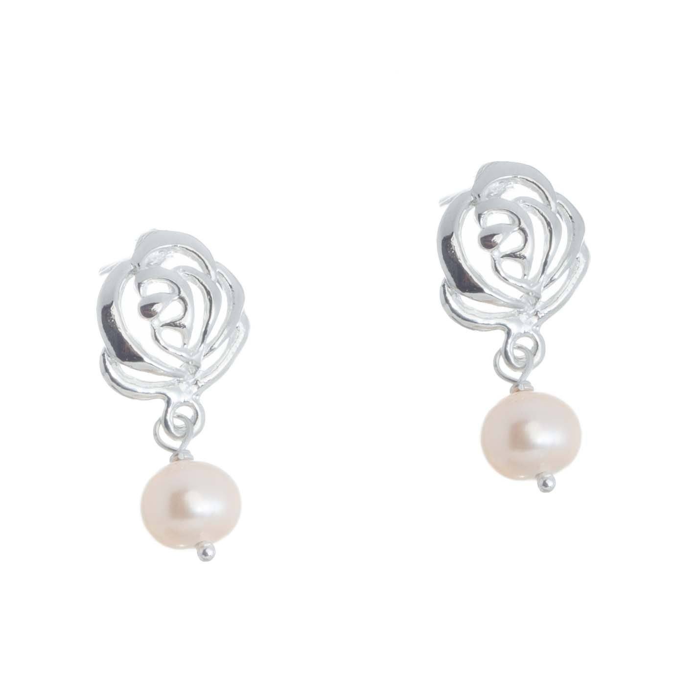 Aretes contorno  rosas de plata con perlas