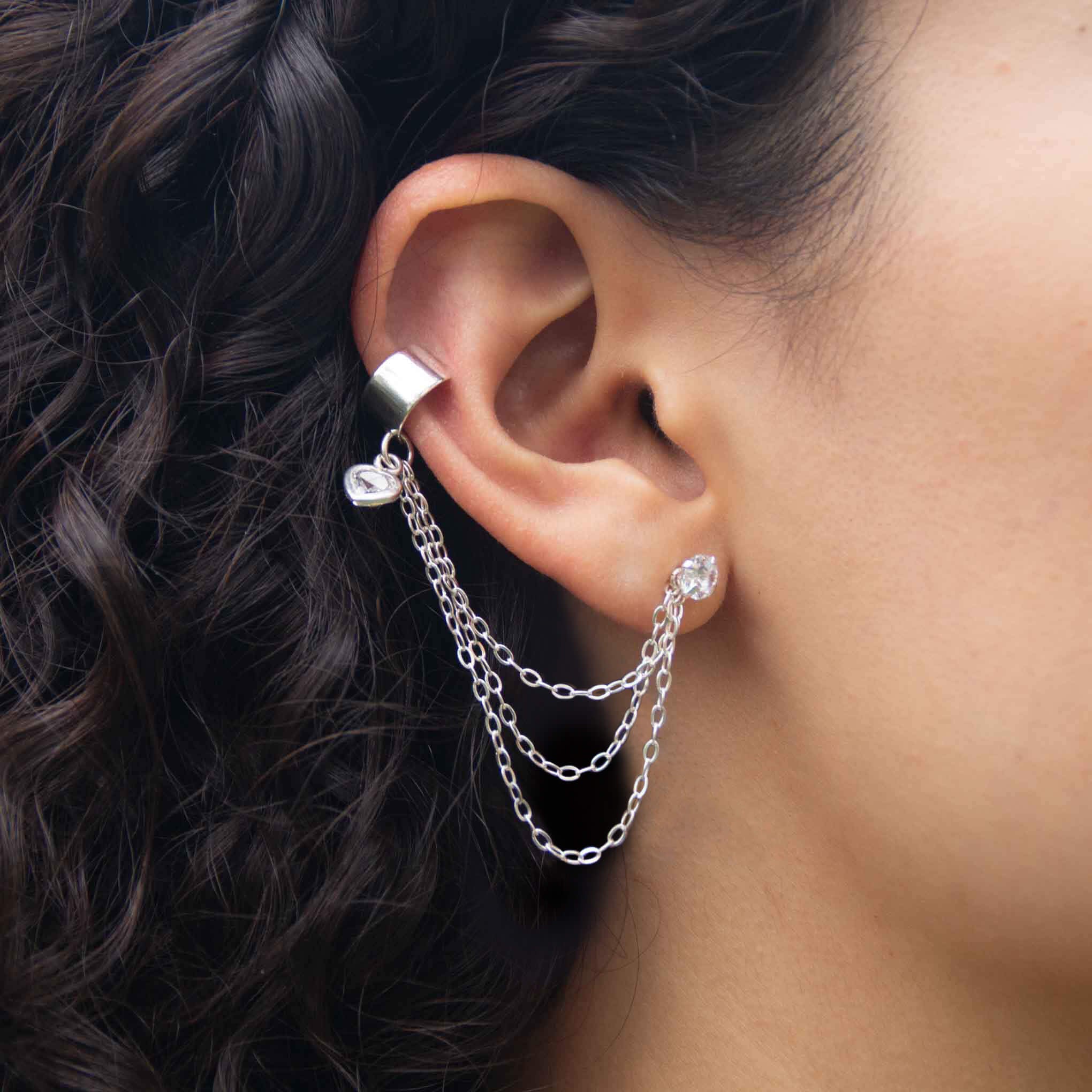 Aretes con cadena para cartilago de plata de plata mexicana