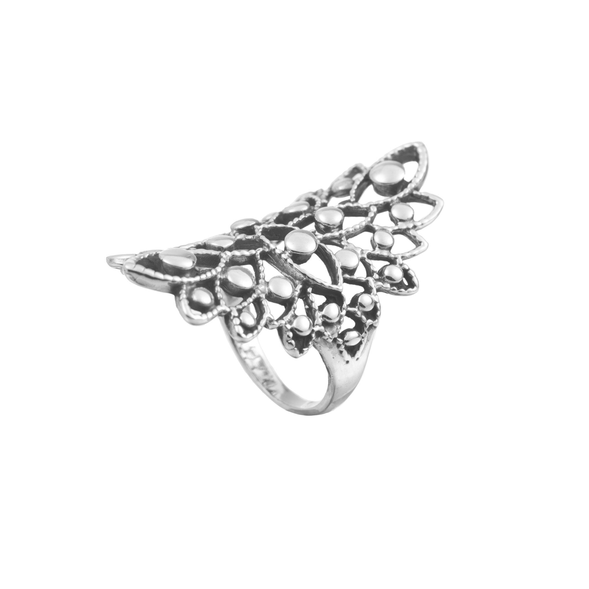 Anillo floreado con esferas mini de plata de plata mexicana